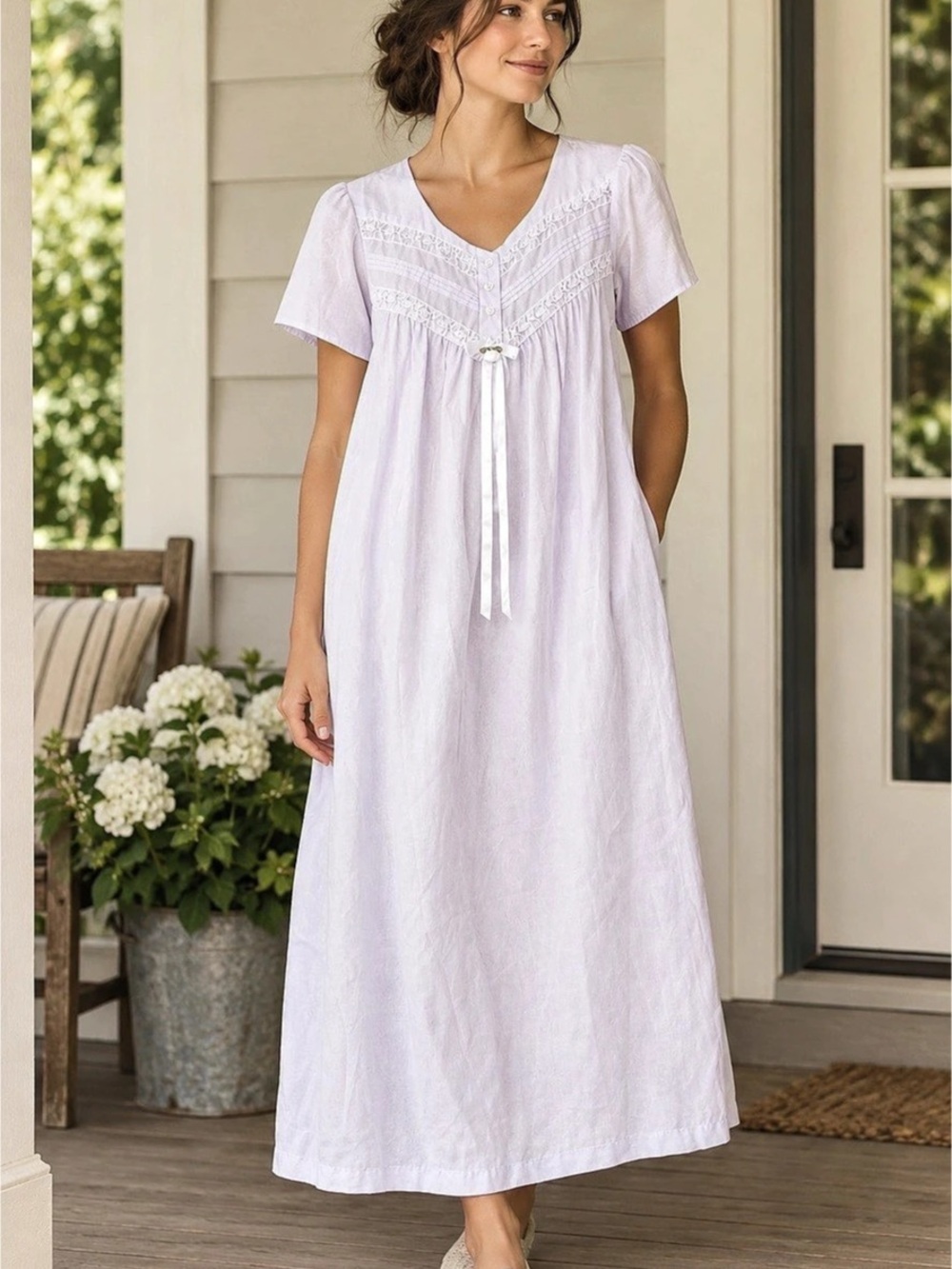 Camisage Casual Lace Trim Maxi Dress in Purple Size Medium nightgown cottage cor